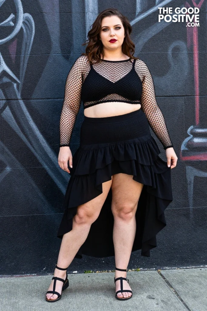 Plus Size Black Smocked Tiered Maxi Skirt With Fishnet Top Outfit