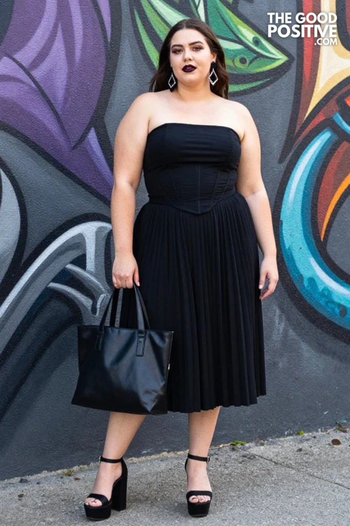 Plus Size Black Tube Top With High-Waist Pleated Gothic Midi Skirt Outfit