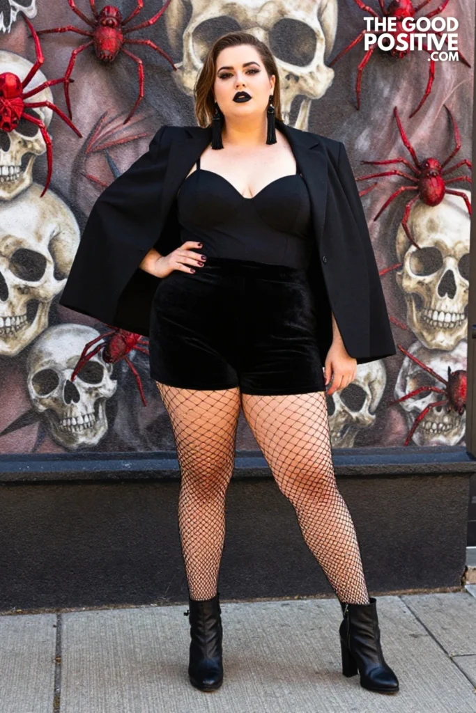 Plus Size Black Velvet Shorts With Structured Cape Jacket Outfit
