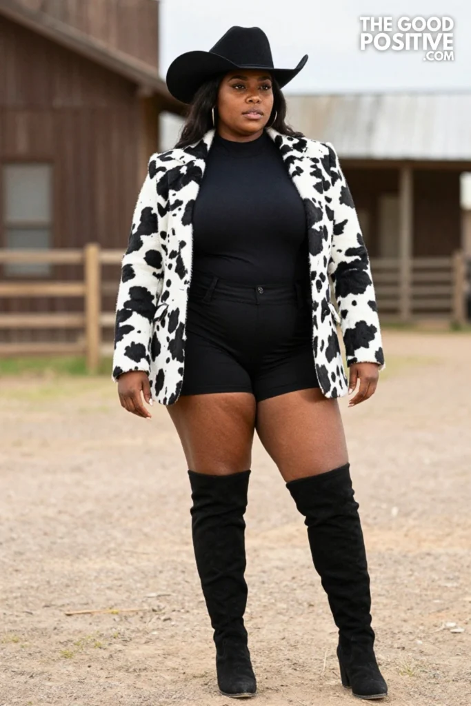 Plus Size Black & White Cowhide Print Fitted Blazer & Black Biker Shorts Nashville Outfit