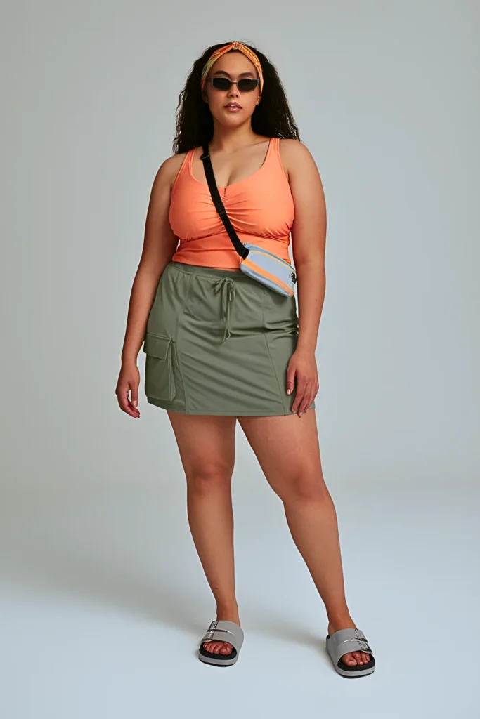 Plus Size Blouson Tankini with Cargo Skort Summer Beach Outfit