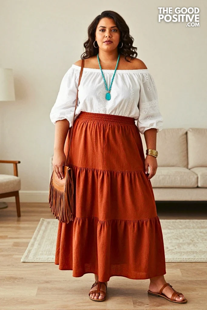 Plus Size Boho Tiered Skirt With Embroidered Off-Shoulder Blouse Outfit