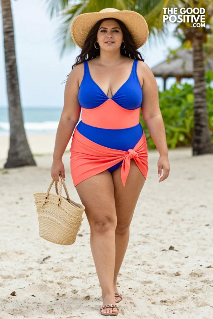 Plus Size Bold Color-Block Swimsuit With Sarong Skirt Cover-Up Outfit