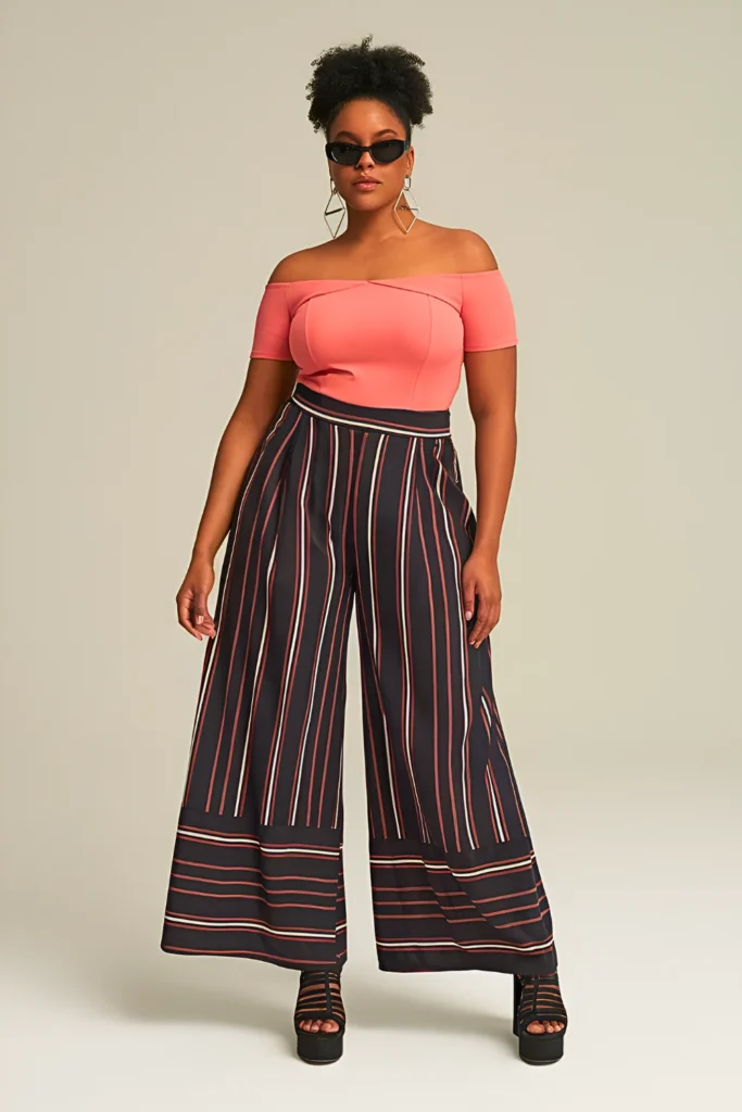 Plus Size Bold Stripe Palazzo Pants Summer Outfit