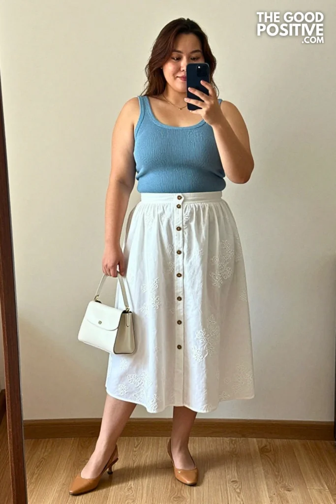 Plus Size Broderie Anglaise Button-Front Skirt and Fitted Knit Top Outfit