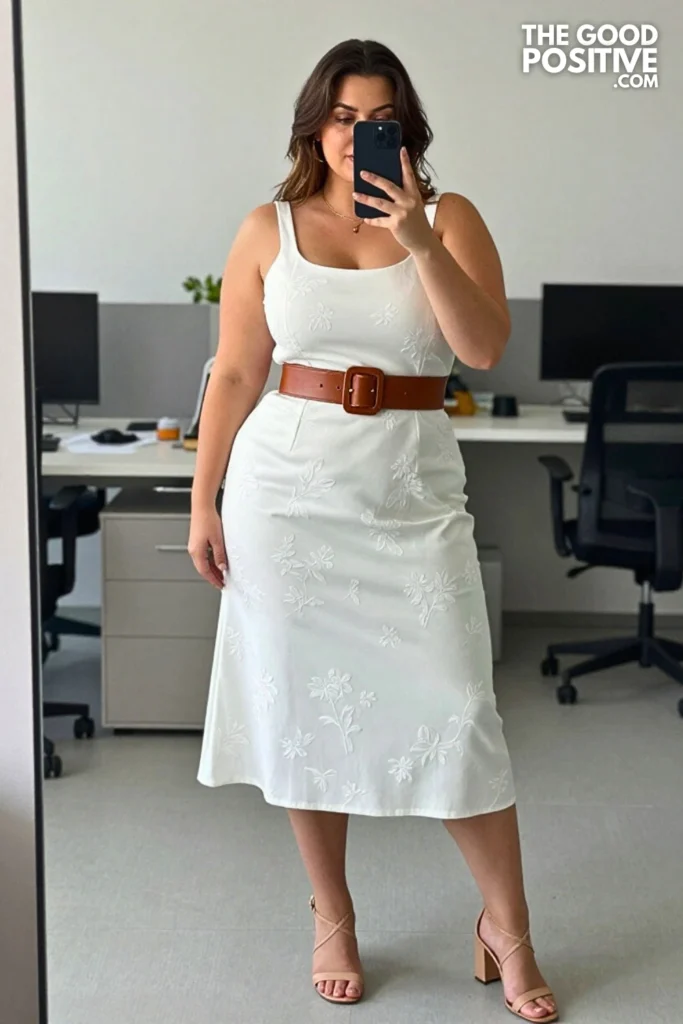 Plus Size Broderie Anglaise Midi Dress With Structured Leather Belt Outfit