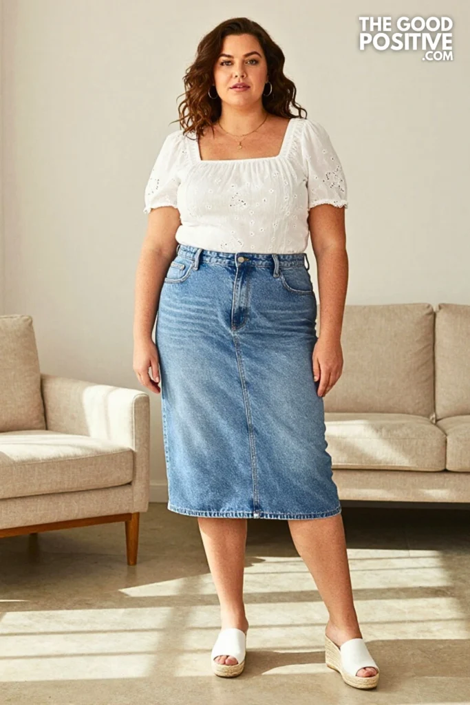 Plus Size Broderie Anglaise Square Neck Top and Denim Skirt Outfit