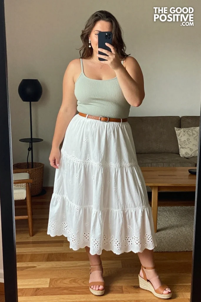 Plus Size Broderie Anglaise Tiered Midi Skirt With Fitted Cami Outfit