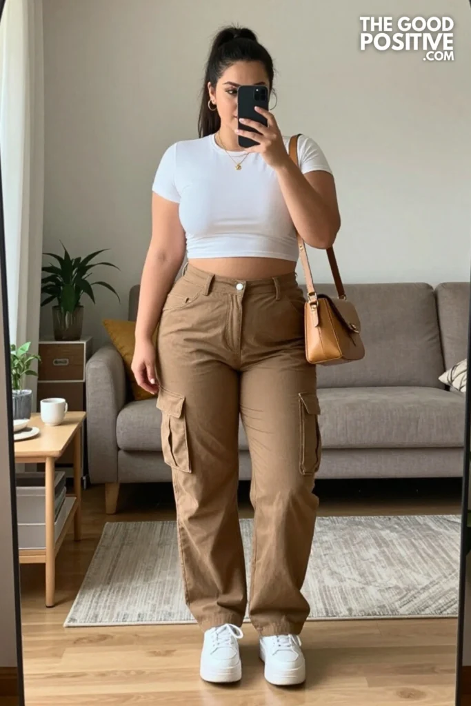 Plus Size Brown Cargo Pants With Cropped Baby Tee Outfit