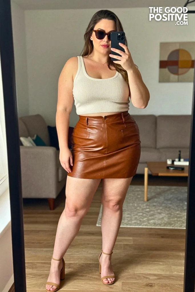 Plus Size Brown Leather Mini Skirt With Cropped Knit Tank Top Outfit