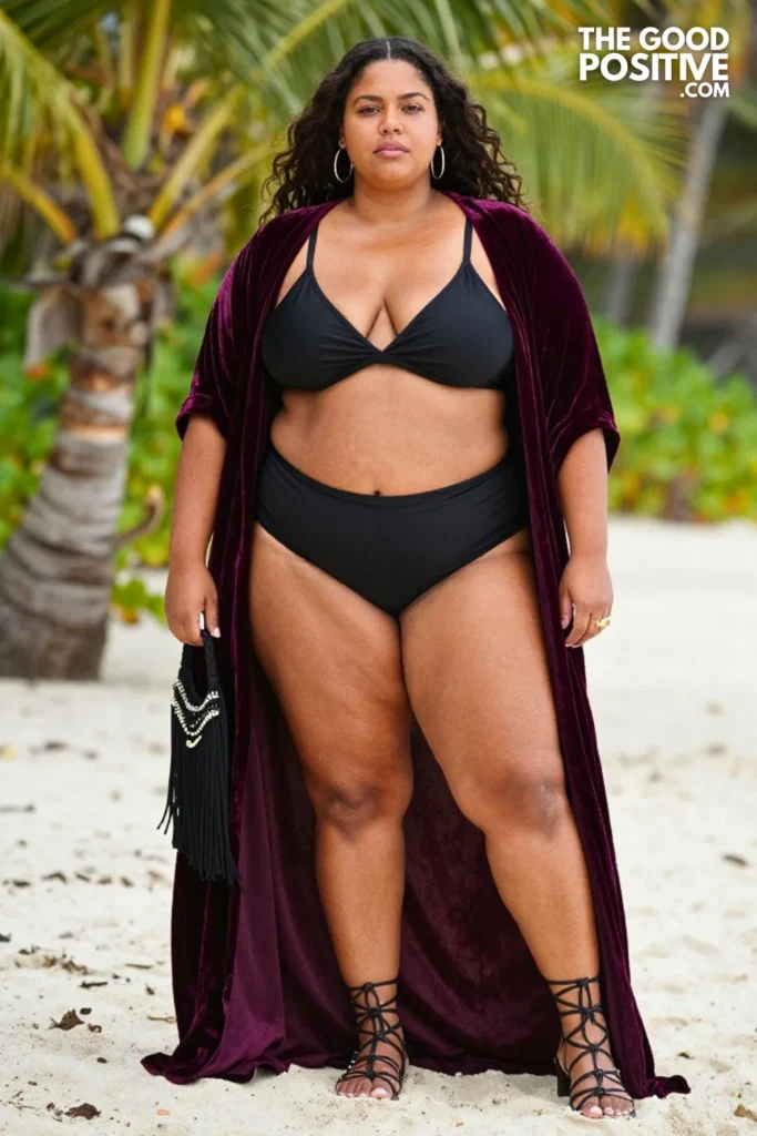Plus Size Burnout Velvet Caftan With Strappy Swimsuit Underneath Outfit