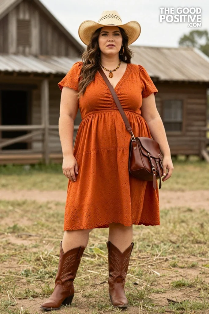 Plus Size Burnt Orange Eyelet Cotton Dress & Brown Boots Daytime Rodeo Outfit
