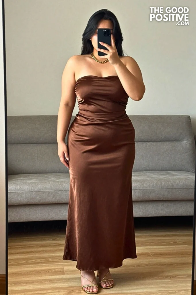 Plus Size Chocolate Brown Satin Maxi Skirt With Strapless Bandeau Top Outfit