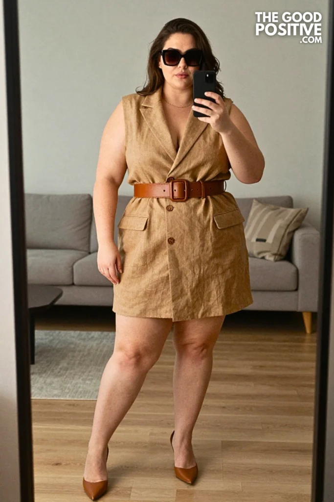 Plus Size Classy Linen Blazer Dress With Belt Outfit