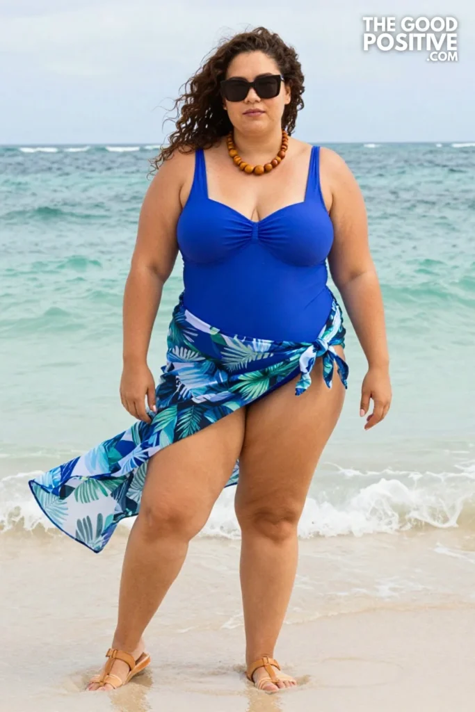 Plus Size Cobalt Blue Bandeau Swimsuit With Sheer Printed Sarong Skirt Outfit
