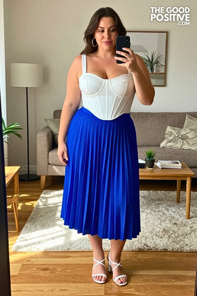 Plus Size Cobalt Blue Pleated Midi Skirt With White Fitted Corset Top Outfit
