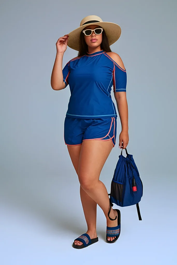 Plus Size Cold-Shoulder Rashguard Set Summer Beach Outfit