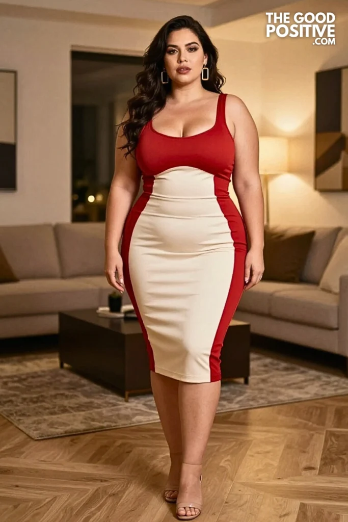 Plus Size Color-Block Bandage Dress With Kitten Heel Mules Outfit