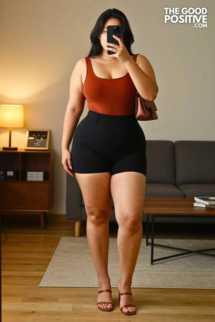 Plus Size Color-Block Bodysuit With High-Waisted Tailored Shorts Outfit