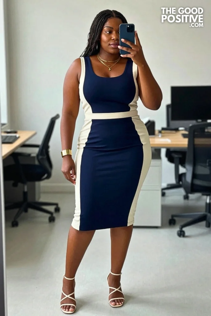 Plus Size Color-Block Midi Dress With Architectural Seam Detail Outfit
