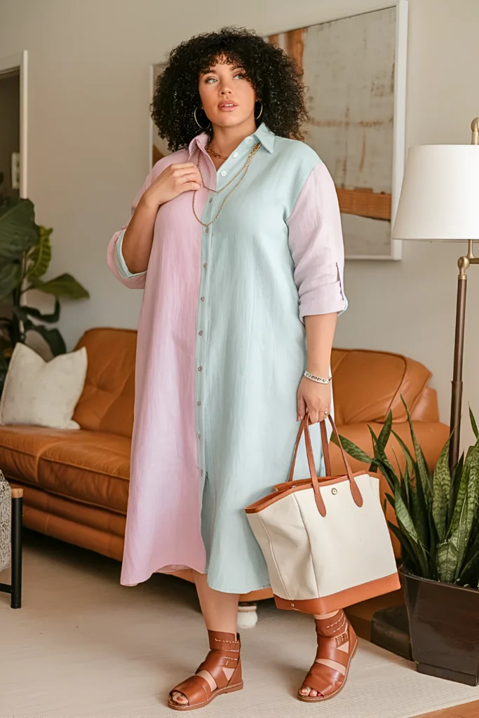 Plus Size Colorblock Linen Shirt Dress Summer Outfit