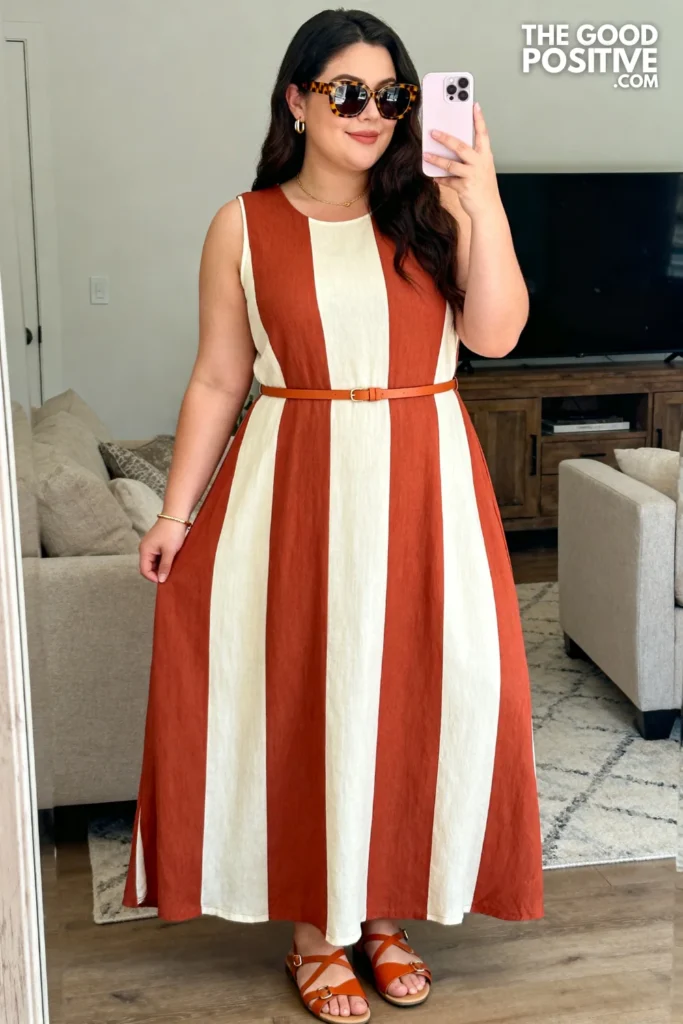 Plus Size Colorblock Maxi Dress With Vertical Stripe Panel Design Outfit