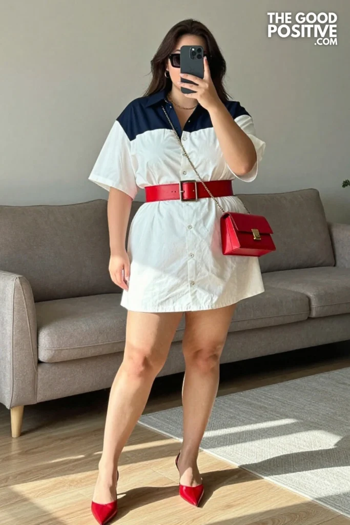 Plus Size Colorblock Shirt Dress With Oversized Collar and Belt Outfit