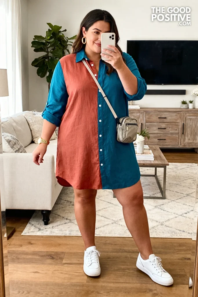 Plus Size Colorblock Shirt Dress With Sneakers Outfit