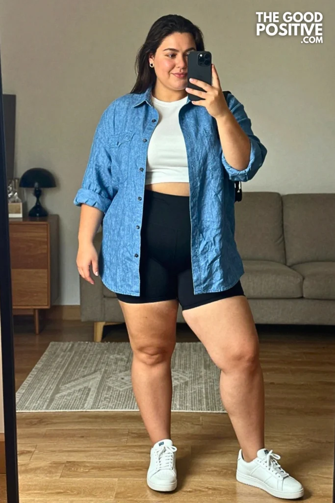 Plus Size Comfy Oversized Linen Shirt Dress With Bike Shorts Outfit