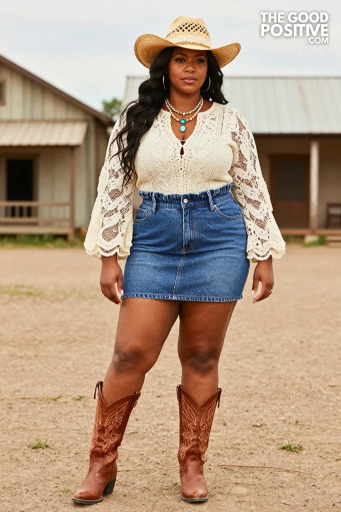 Plus Size Cream Broderie Lace Western Yoke Top & Paper-Bag Waist Denim Skirt Outfit