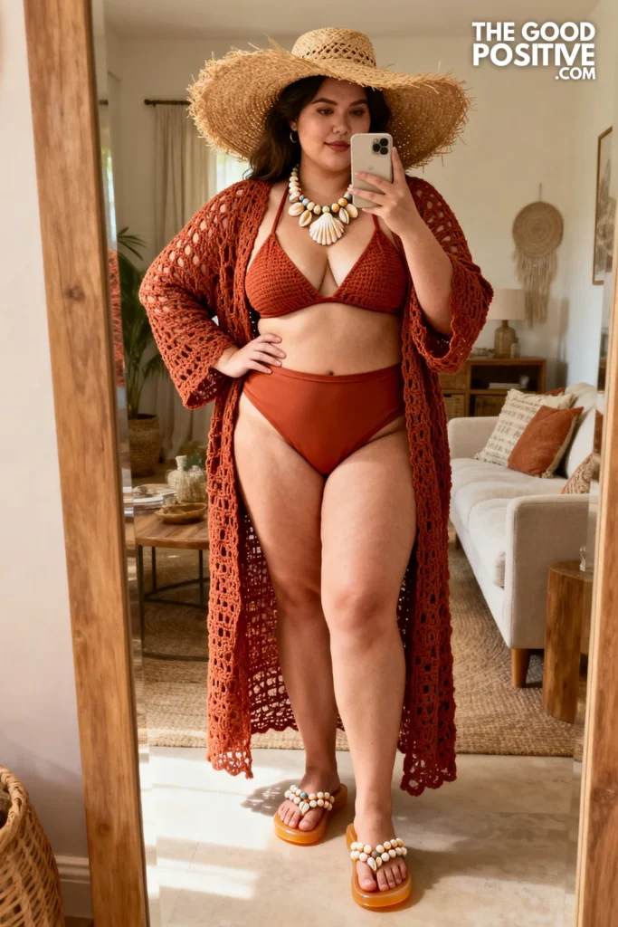 Plus Size Crochet Cover-Up Over High-Waist Bikini Set Outfit