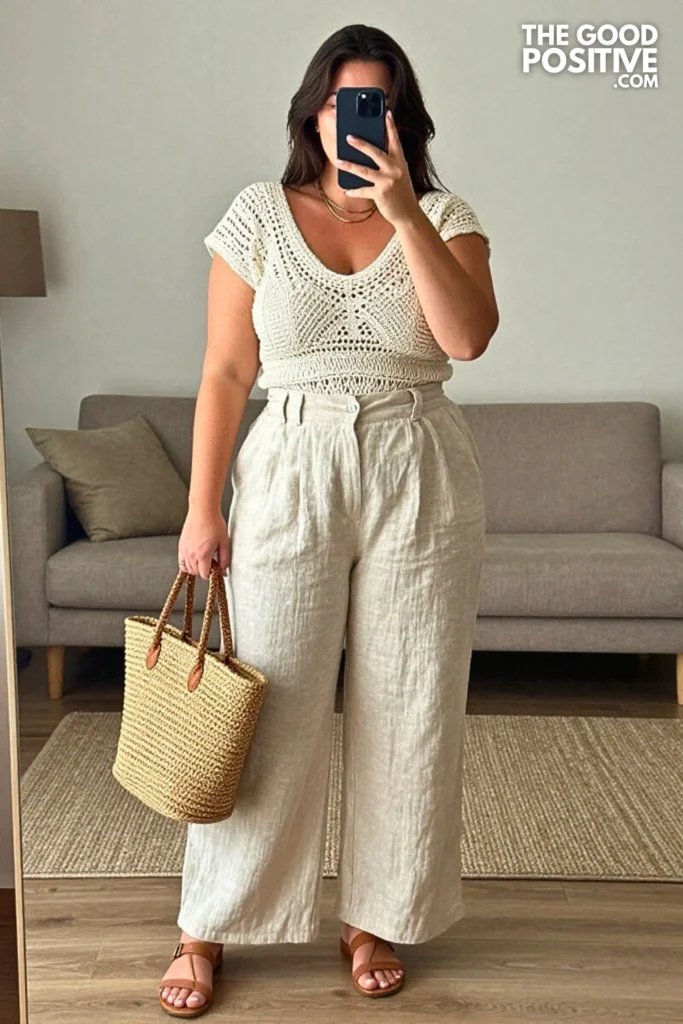 Plus Size Crochet Top and Wide-Leg Trouser Outfit