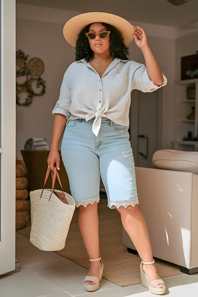 Plus Size Crochet-Trim Denim Bermuda Shorts Summer Outfit