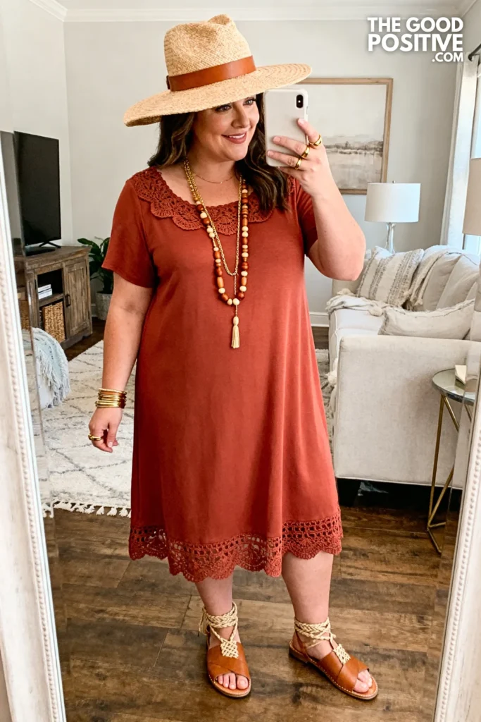 Plus Size Crochet-Trim Flowy Midi Dress In Solid Earthy Tone Outfit