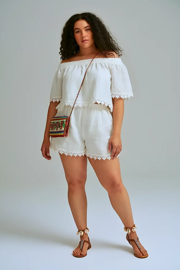 Plus Size Crochet-Trim Linen Shorts Ensemble Summer Beach Outfit