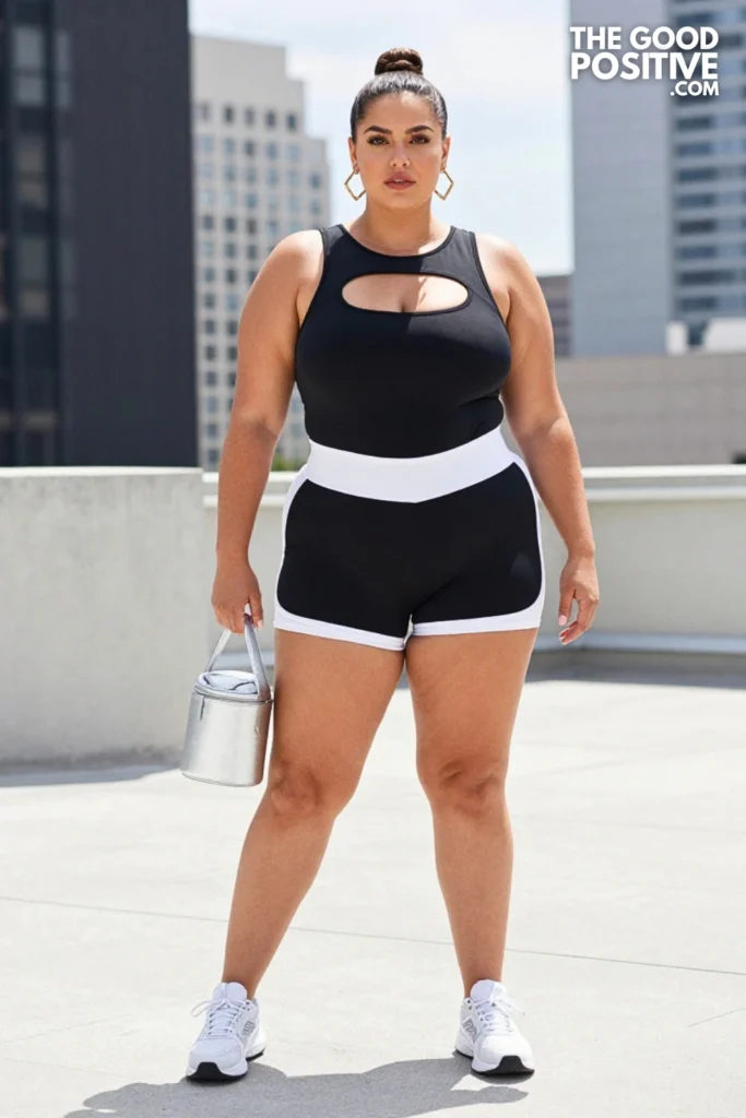 Plus Size Cut-Out Athletic Bodysuit & High-Waist Track Shorts Outfit