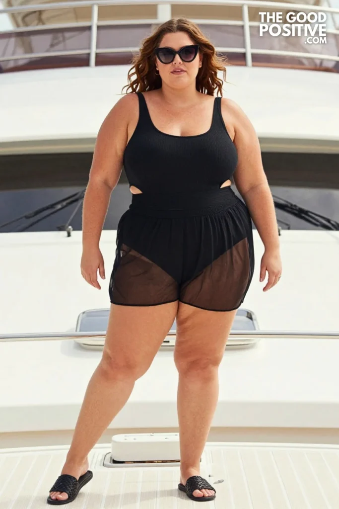 Plus Size Cutout Ribbed One-Piece Swimsuit With Chiffon Overlay Shorts Outfit