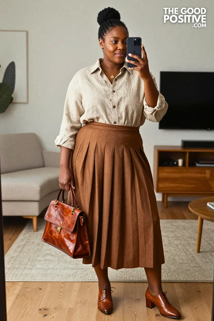 Plus Size Dark Academia Linen Shirt With Pleated Midi Skirt Summer Outfit