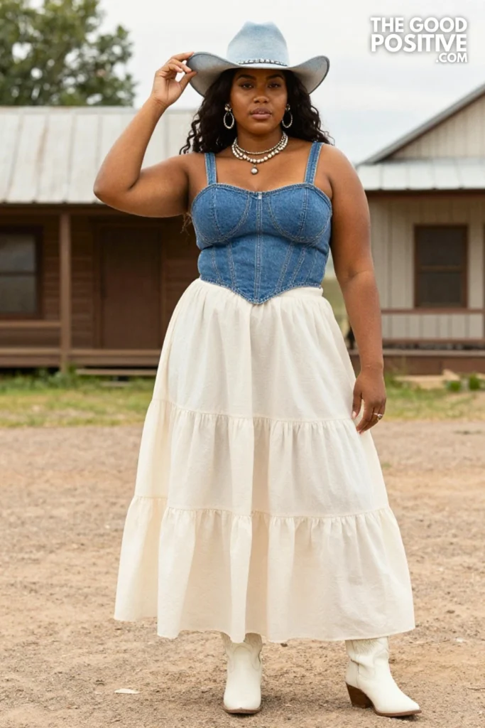 Plus Size Denim Corset Bodice & Maxi Tiered Prairie Skirt Western Summer Outfit