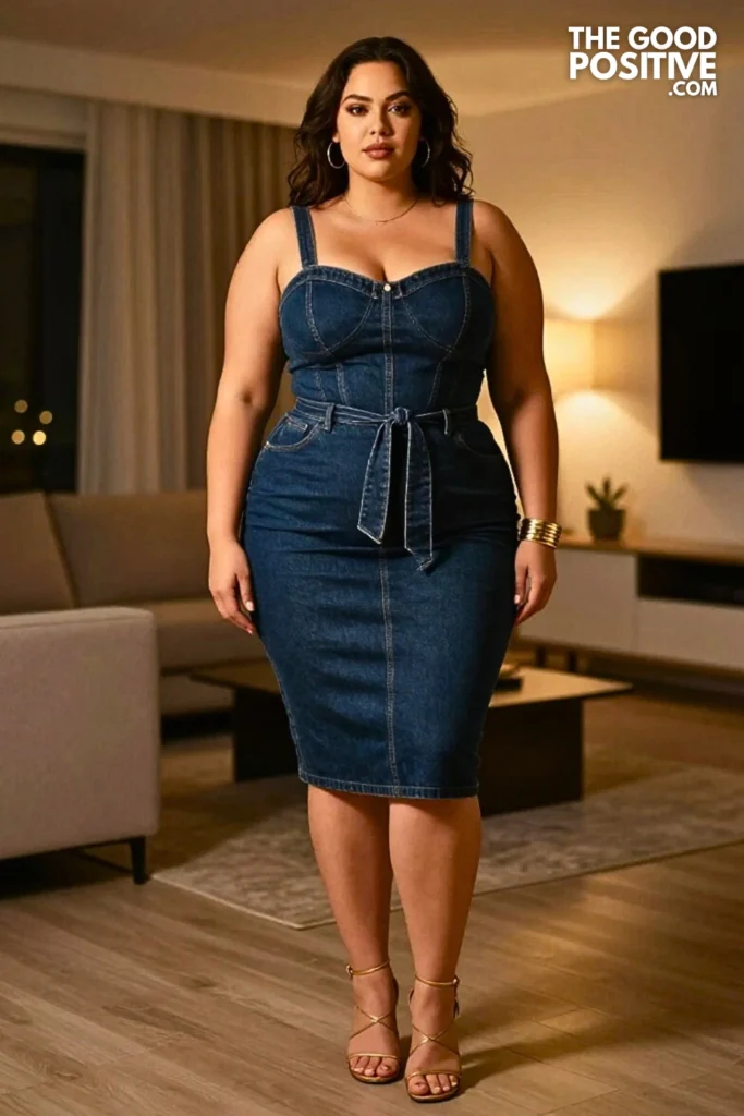 Plus Size Denim Corset Dress With Waist-Tie Detail Outfit