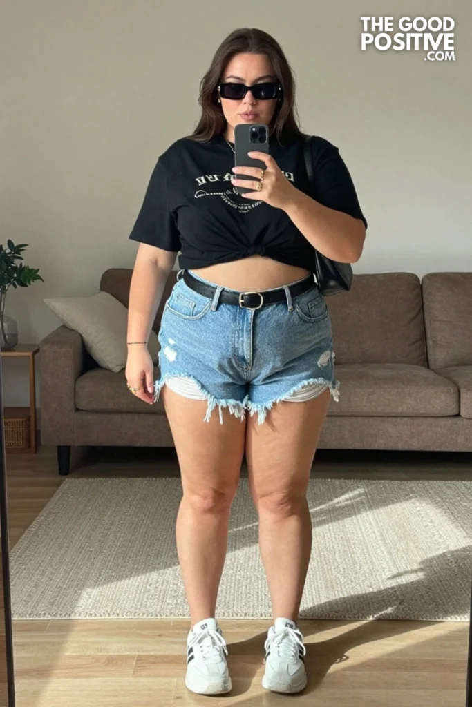 Plus Size Denim Jorts With Graphic Crop Top Outfit