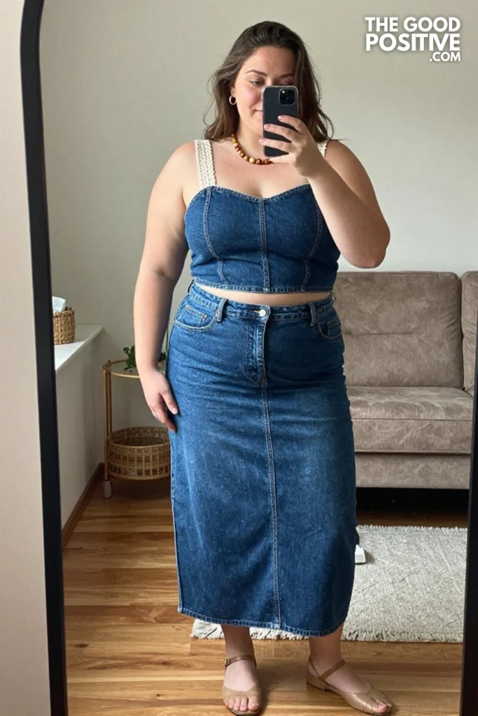 Plus Size Denim Maxi Skirt With Cropped Crochet Top Outfit