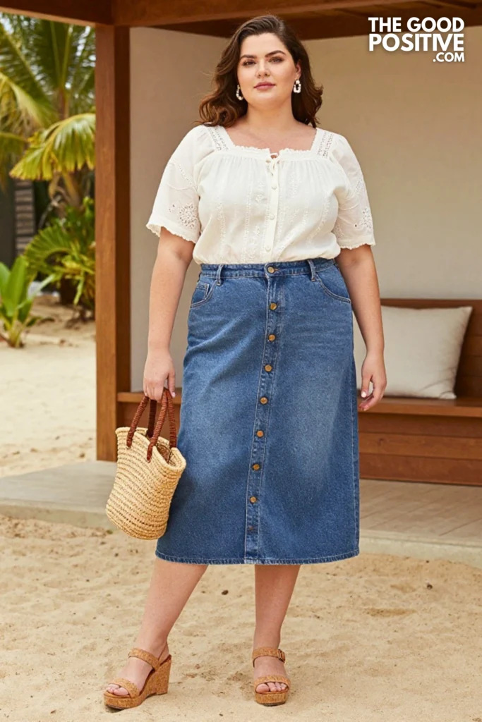 Plus Size Denim Midi Skirt With Broderie Anglaise Top Outfit