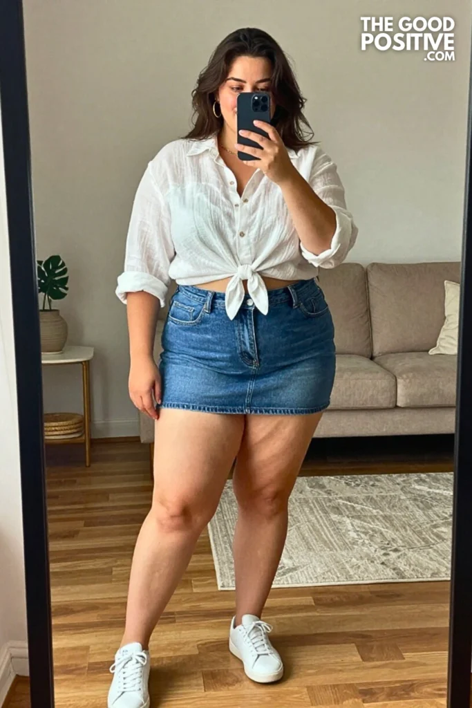 Plus Size Denim Mini Skirt With Oversized Linen Button-Down Shirt Outfit