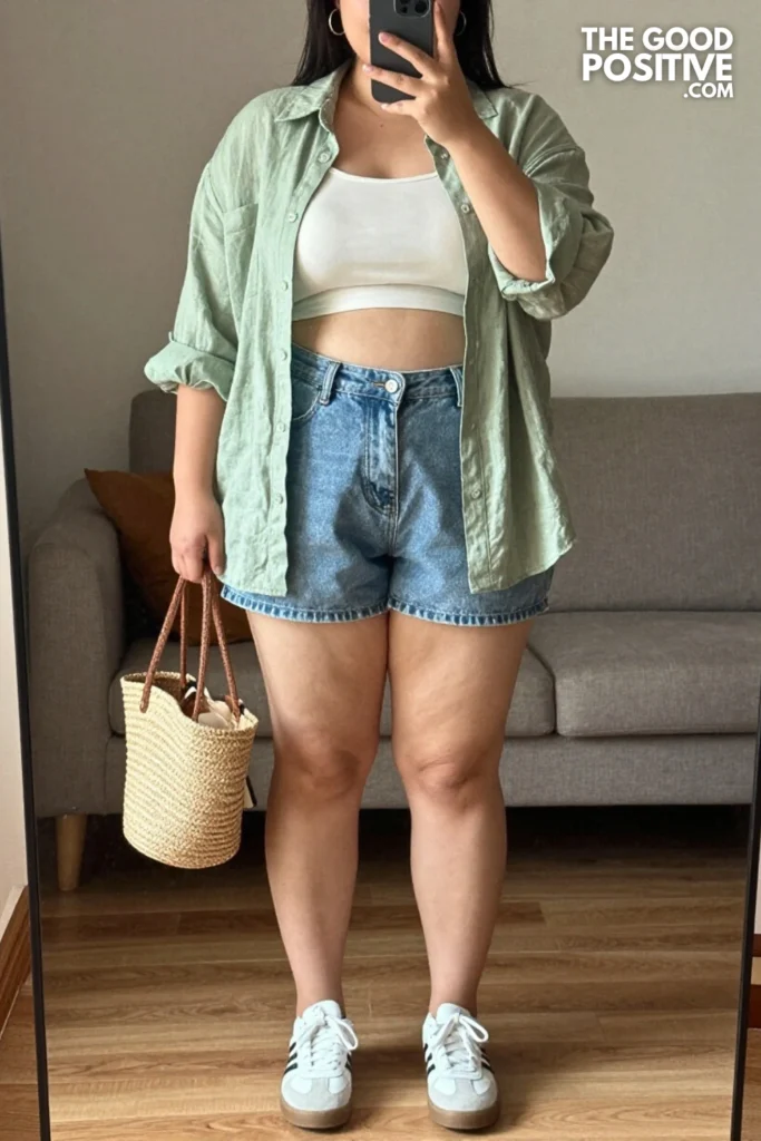 Plus Size Denim Shorts and Oversized Linen Button-Down Shirt Outfit