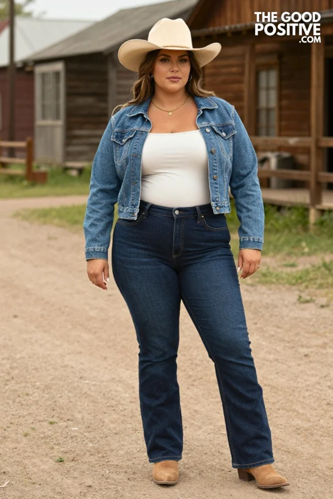 Plus Size Denim-on-Denim Cropped Jacket & Flare Jeans Summer Concert Western Outfit