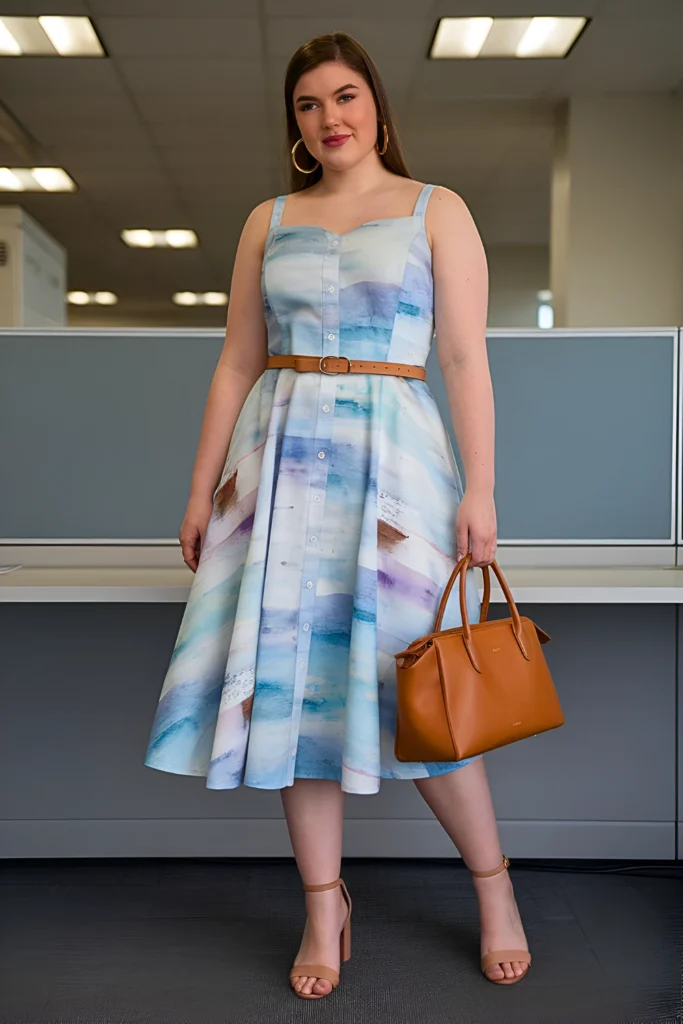 Plus Size Digital Watercolor Print Utility Midi Dress