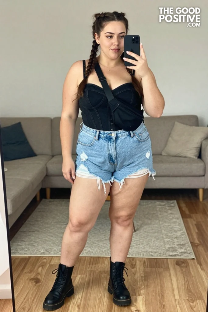 Plus Size Distressed Denim Shorts With Bustier Top Concert Outfit