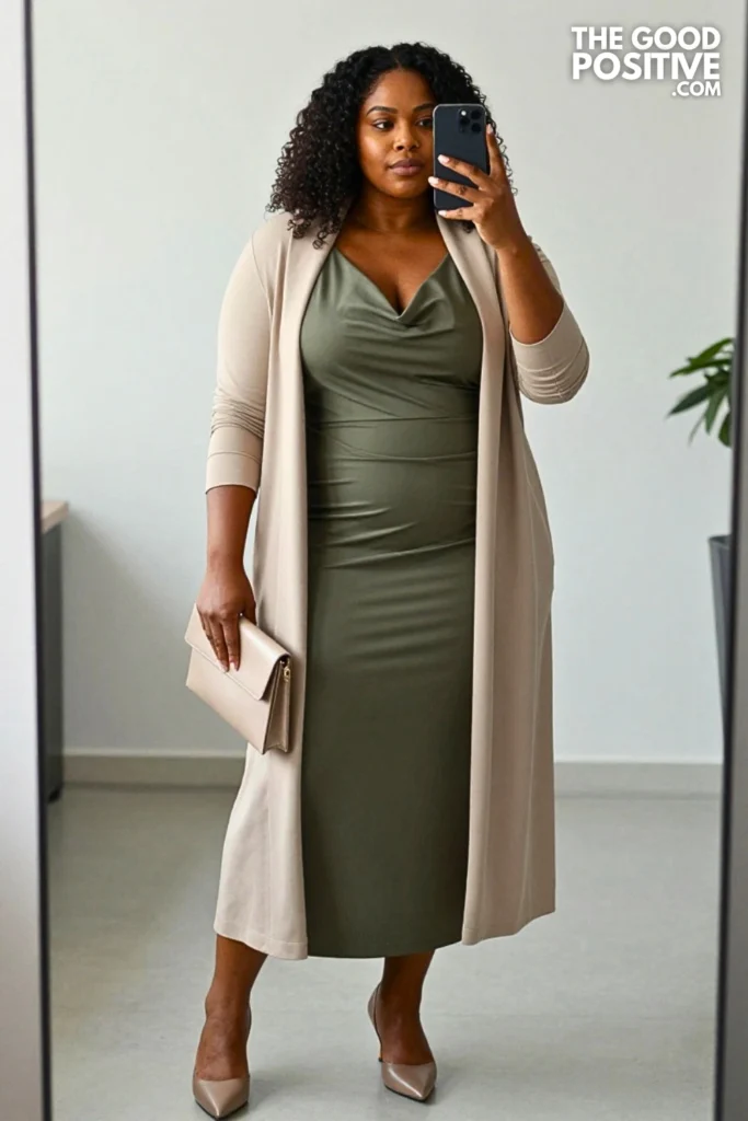 Plus Size Draped V-Neck Maxi Dress With Structured Longline Cardigan Outfit