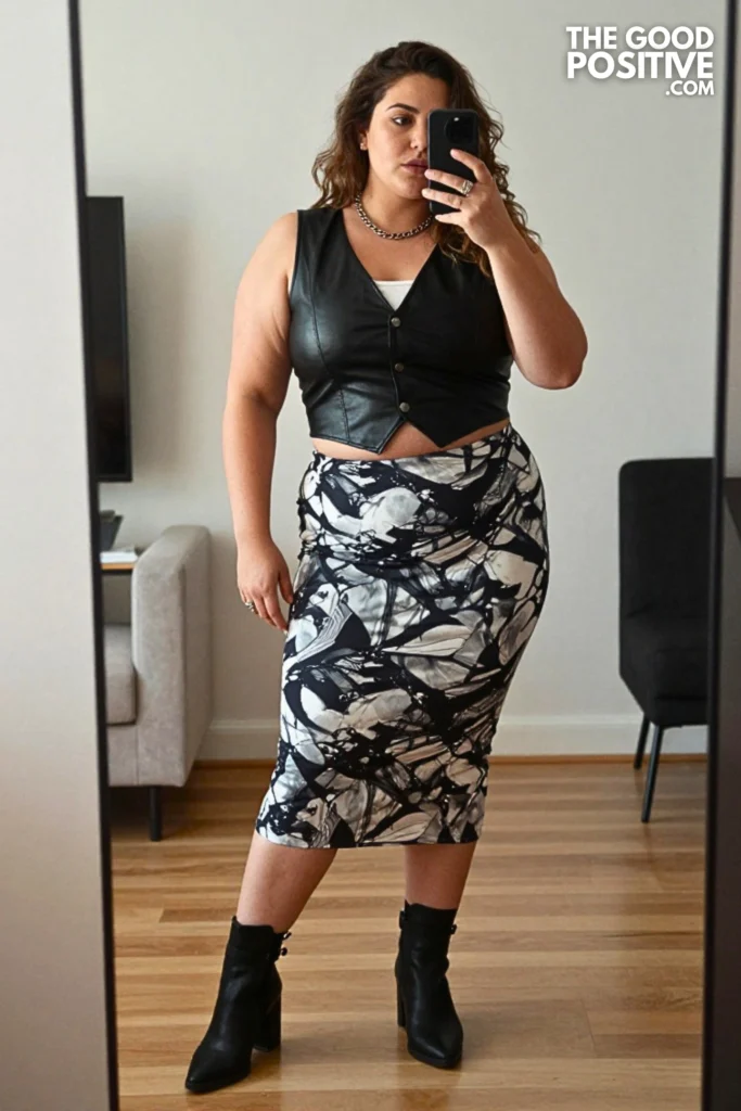 Plus Size Edgy Leather Vest With Printed Midi Skirt Outfit